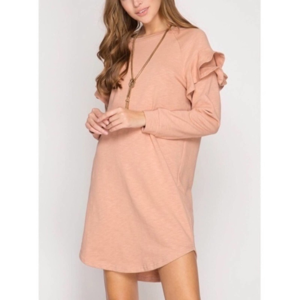 Long Sleeve French Terry Dress With Ruffle Shoulder